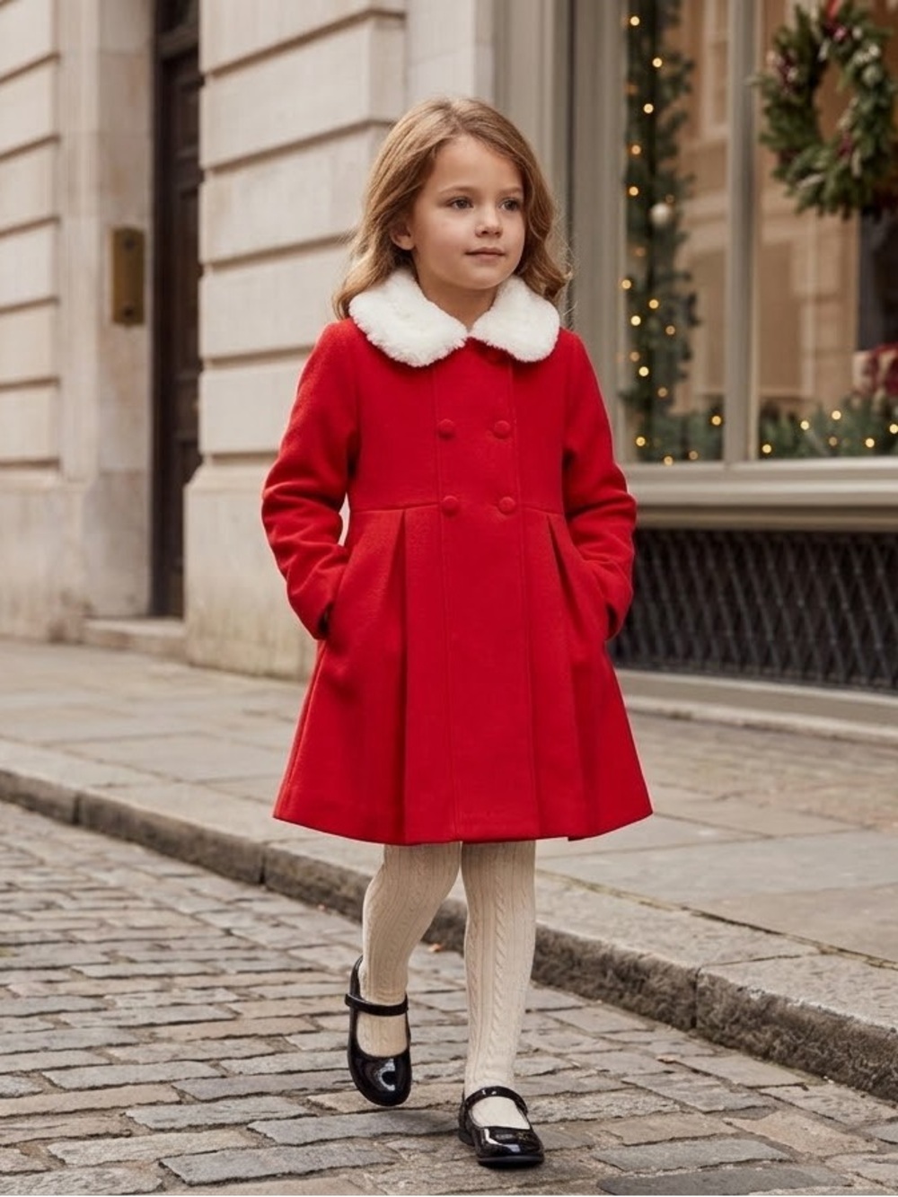 Max Studio Kids Red Winter Dress Coat Faux Fur Collar - Picture 2 of 3